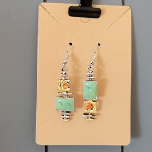 Boho Green Orange Dangle Earrings Pierced Silver Tone 1.9" Drop Jewelry Gift Bag
